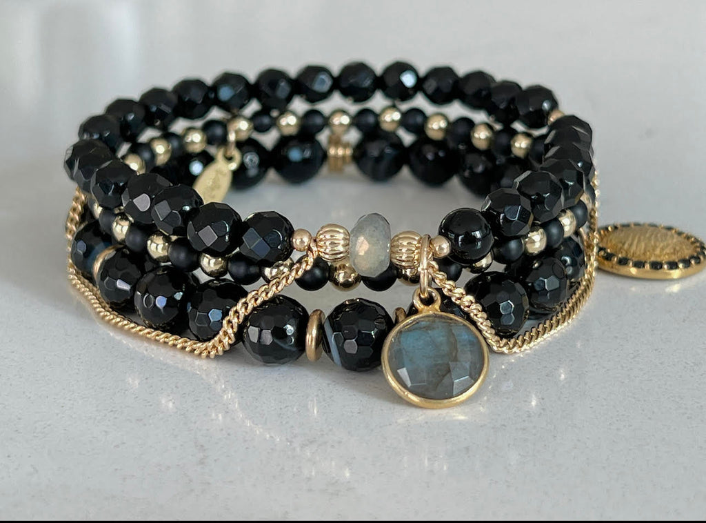 Black Onyx Bracelet 14k Gold Filled Chain & Accents